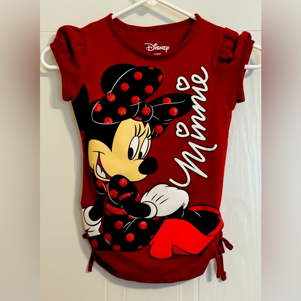 Disney Minnie Mouse Girls Wine-Colored Shirt with Glitter & Side Ties M 7/8